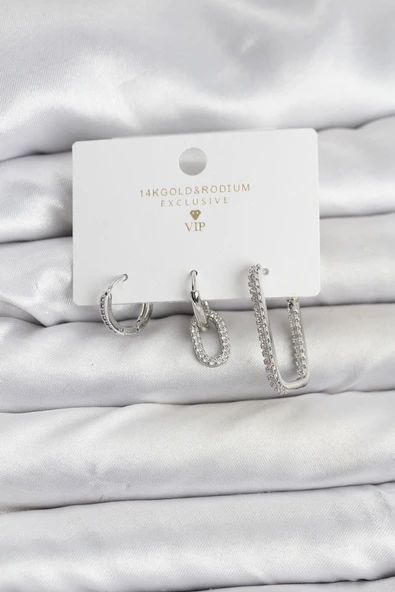 Gümüş Renk Zirkon Taşlı 3'lü Kadın Küpe Seti ürün görseli 1