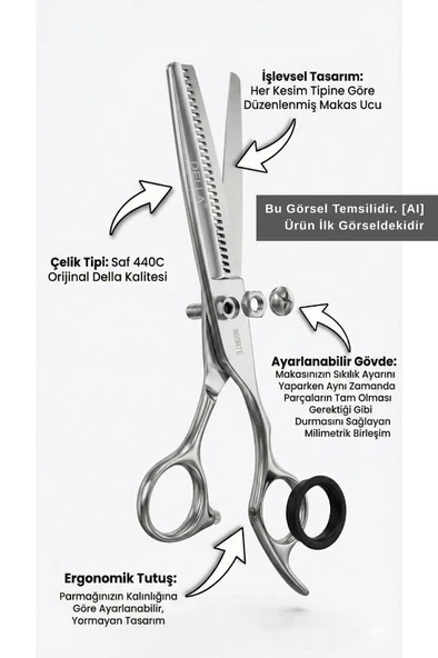 Della Orijinal Profesyonel 440C Saç Kesim Ara Makas 6 Numara 960RTE 60 - Resim 2