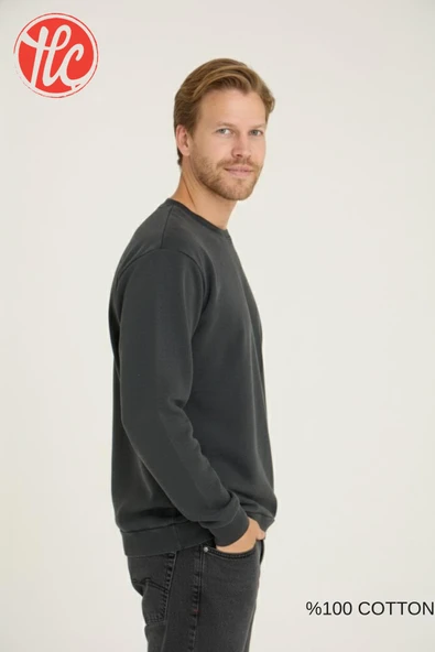 Kly Unisex Relax Fit Rahat Kesim %100 Pamuklu Yumuşak Dokulu Şardonsuz Bisiklet Yaka Sweatshirt - Resim 8