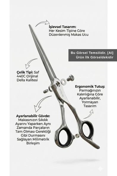 Della Orijinal Profesyonel 440C Saç Kesim Düz Makas 6,5 Numara AK23J 65 - Resim 2