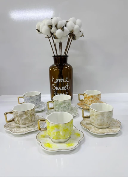 Porselen Kahve Takımı 6 Kişilik | Özel Tasarım, 6 Farklı Renk | 90 ml - Resim 3