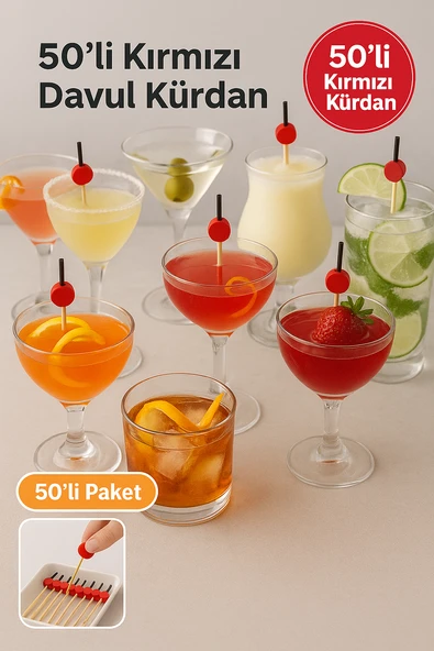 50’li Kırmızı Davul Kürdan 12 cm – Parti, Sunum, Kanape, Kokteyl ve Peynir Tabağı İçin Dekoratif Kürdan - Resim 6