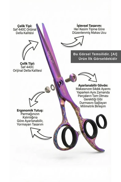 Della Orijinal Profesyonel 440C Saç Kesim Düz Makas Renkli Seri 6 Numara CK15P 60 - Resim 2