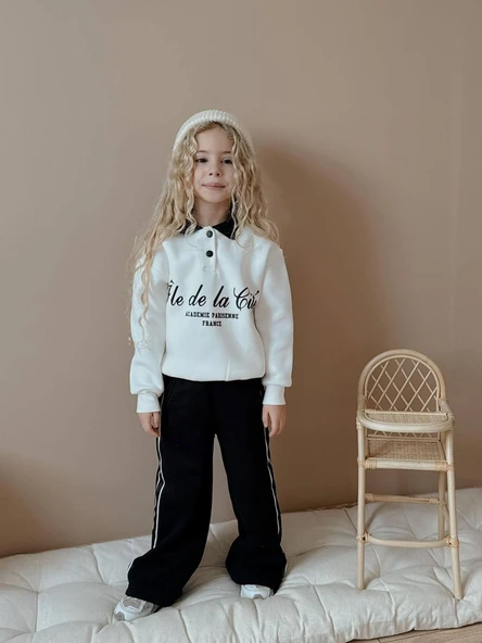 KIZ ÇOCUK YAKA MODELLİ DÜĞMELİ GENİŞ PAÇALI 3 İPLİK EŞOFMAN TAKIMI - Resim 6