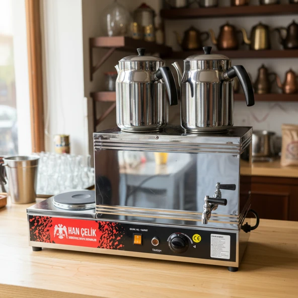 Han Çelik Çift Demlikli Pleytli Endüstriyel Elektrikli Çay Kazanı - Demlik Hediyeli - Resim 4