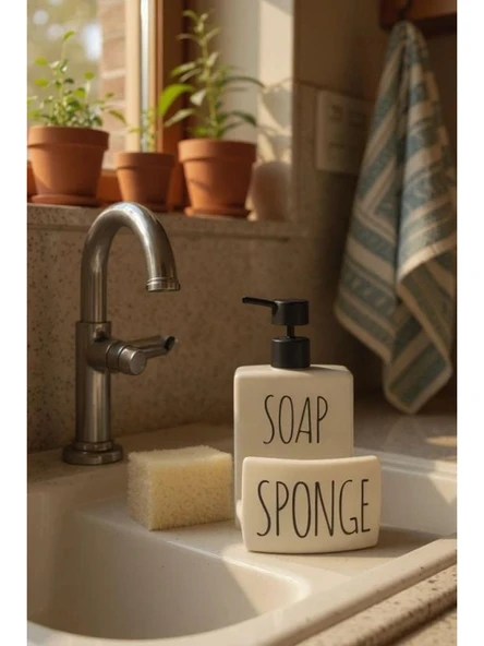 Mien MEN CN56790 Siyah Yazılı Beyaz Seramik Sıvı Sabunluk 17x10x10 cm ürün görseli 1