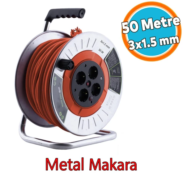 Metal Seyyar Makaralı CCA Kablo 4 Prizli Monofaze Uzatma Kablosu 3x1.5 mm TTR Kablo 50 Metre ürün görseli 1