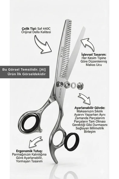 Della Orijinal Profesyonel 440C Saç Kesim Ara Makas 6,5 Numara AK17RTE 65 - Resim 2