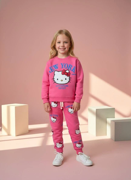 LUCCO KIZ ÇOCUK KİTY 3 İPLİK ŞARDONSUZ EŞOFMAN TAKIMI ürün görseli 1