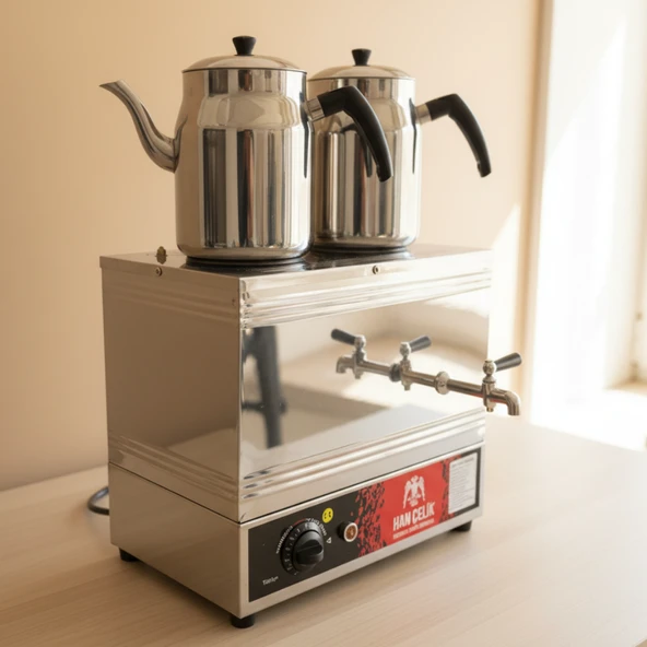 Han Çelik Çift Demlikli Endüstriyel Elektrikli Çay Kazanı - Demlik Hediyeli - Resim 3