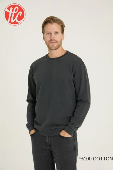 Kly Unisex Relax Fit Rahat Kesim %100 Pamuklu Yumuşak Dokulu Şardonsuz Bisiklet Yaka Sweatshirt - Resim 7