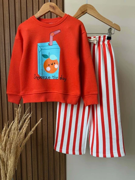 LUCCO MEYVE SUYU DESENLİ 3 İPLİK ŞARDONSUZ GENİŞ PAÇA EŞOFMAN TAKIMI - Resim 2