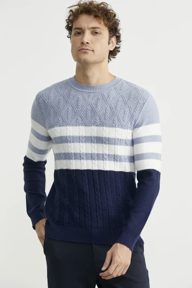 Blok Renk Geçişli Triko Kazak - Lacivert - Resim 4