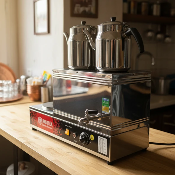 Han Çelik Çift Demlikli Pleytli Endüstriyel Elektrikli Çay Kazanı - Demlik Hediyeli - Resim 2