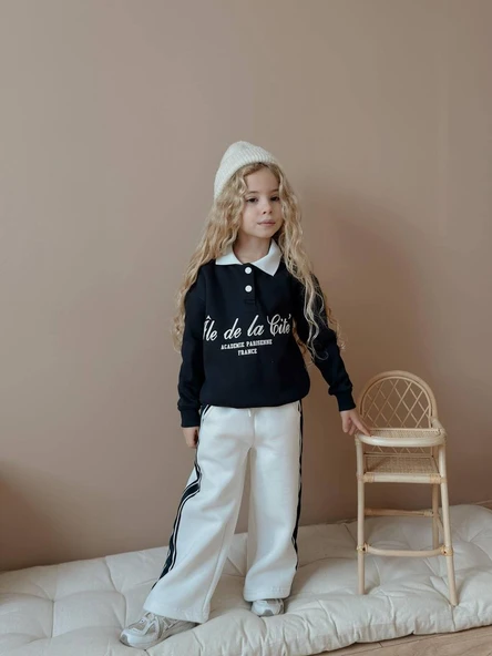 KIZ ÇOCUK YAKA MODELLİ DÜĞMELİ GENİŞ PAÇALI 3 İPLİK EŞOFMAN TAKIMI - Resim 7