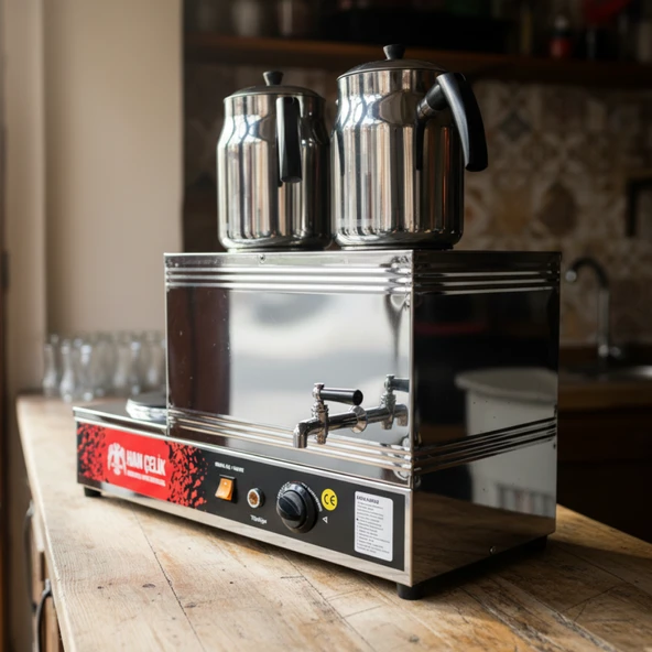 Han Çelik Çift Demlikli Pleytli Endüstriyel Elektrikli Çay Kazanı - Demlik Hediyeli - Resim 5