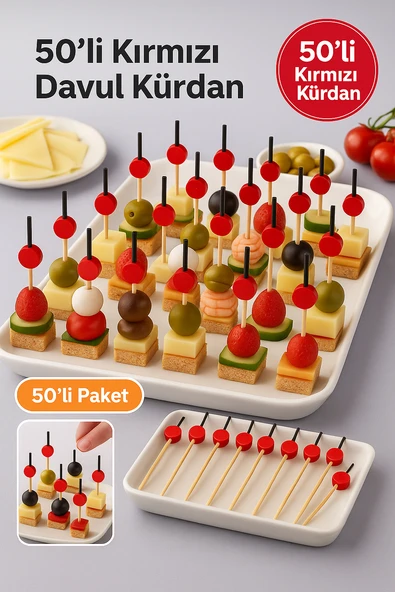 50’li Kırmızı Davul Kürdan 12 cm – Parti, Sunum, Kanape, Kokteyl ve Peynir Tabağı İçin Dekoratif Kürdan - Resim 7