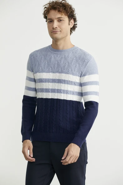 Blok Renk Geçişli Triko Kazak - Lacivert - Resim 5