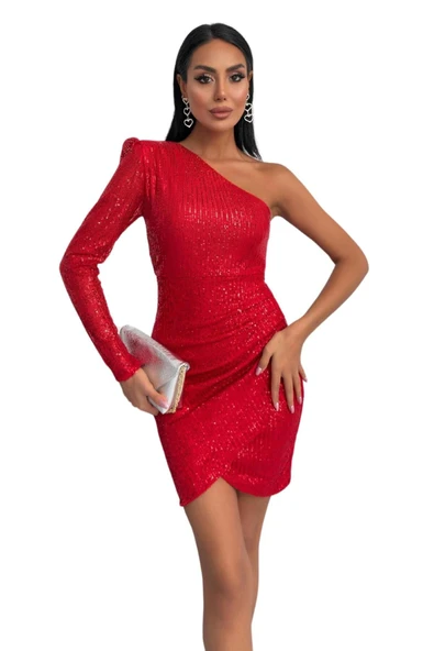 Kadın Abiye Elbise - Pul Payet Tasarım Tek Omuz Tek Kol Modern Tasarım Mini Boy 007 - Resim 8