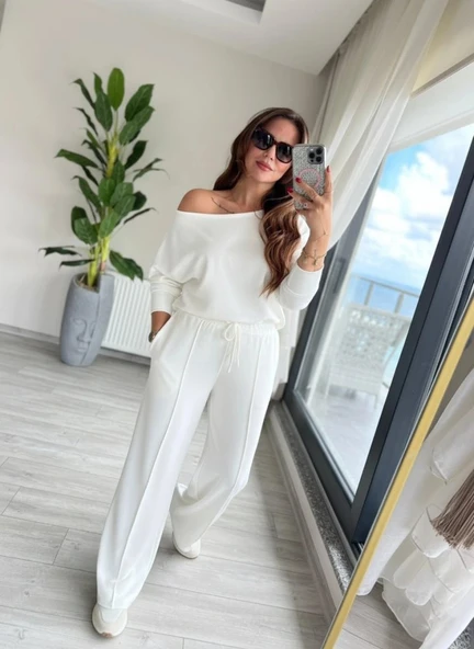 Kadın Uzun Kollu Tek Omuzdan Açık Dalgıç Bluz Ve Pantolon Ikili Takım ürün görseli 1