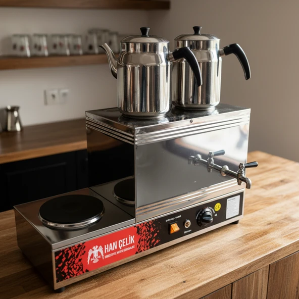 Han Çelik Çift Demlikli Pleytli Endüstriyel Elektrikli Çay Kazanı - Demlik Hediyeli - Resim 3