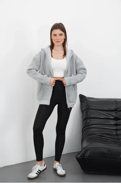 3 iplik şardonlu fermuarlı kapşonlu hırka gri - Resim 2