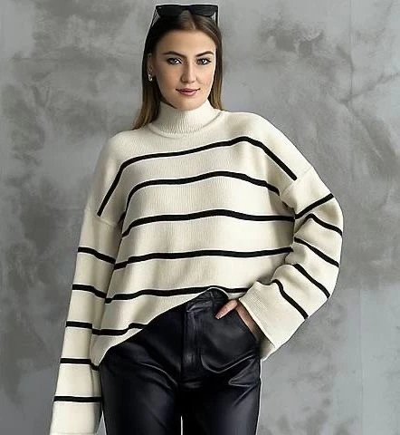 Çizgili ispanyol kol triko boğazlı kazak beyaz elf - Resim 3