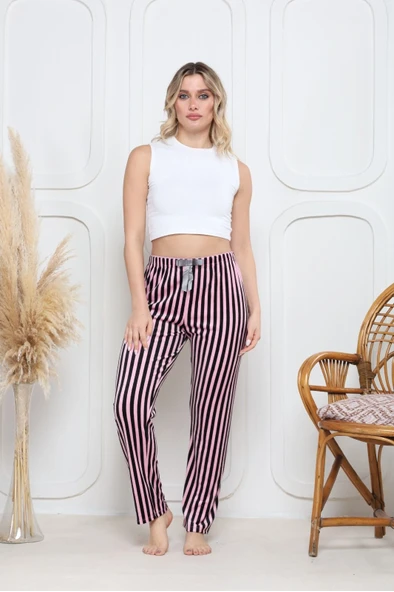 Kadife pijama altı pembe üstüne siyah çizgi desenli q7013 - Resim 2