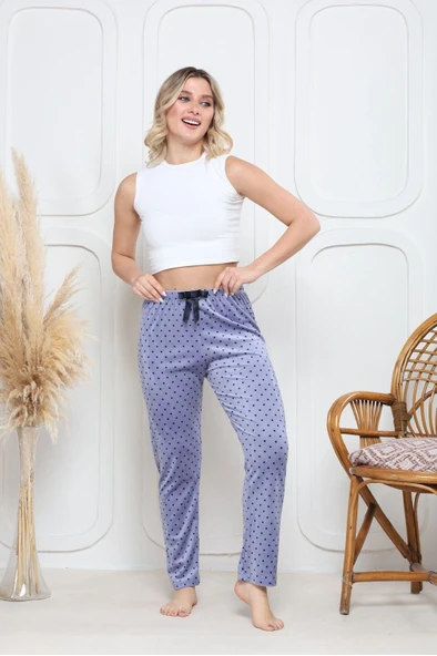 Kadife pijama altı mavi üstüne siyah Pontiye desenli q7013 - Resim 3