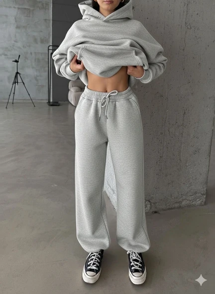 3 iplik şardonlu Lastik paça eşofman gri p510439 ürün görseli 1