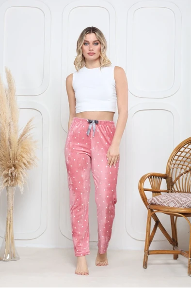Kadife pijama altı pembe üstüne beyaz kalpli Pontiye desenli q7013 ürün görseli 1