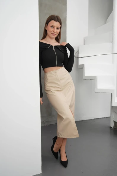 Yırtmaçlı uzun deri etek bej - Resim 3