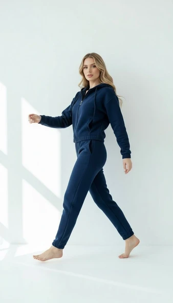 3 iplik şardonlu Kapşonlu fermuarlı kısa üst lacivert pat8590 - Resim 2