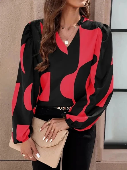 MDB Kadın Uzun Kollu V Yakalı Desenli Modal Bluz ürün görseli 1