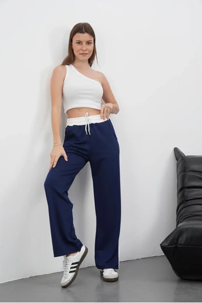 Şeritli garnili pantolon lacivert ürün görseli 1