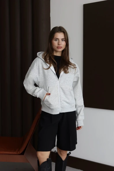 3 iplik şardonlu kapşonlu hoodie frm gri p510437 - Resim 5