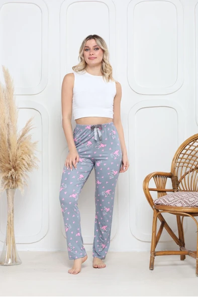 Viskon likralı alt pijama gri üzerine pembe kelebek baskı desenli q6018 - Resim 3