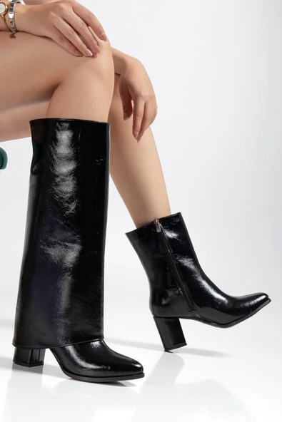 Wila Siyah Parlak Topuklu Tak Çıkar Çizme - Resim 3