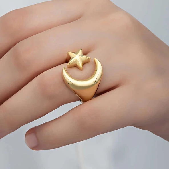 925 Ayar Gümüş Gold Ay Yıldız Kadın Yüzük - Resim 5