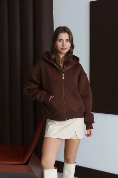 3 iplik şardonlu kapşonlu hoodie frm kahve p510437 - Resim 3