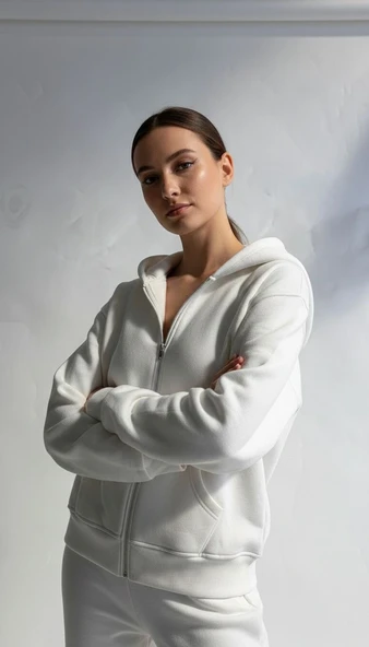 3 iplik şardonlu kapşonlu hoodie frm beyaz p510437 - Resim 4