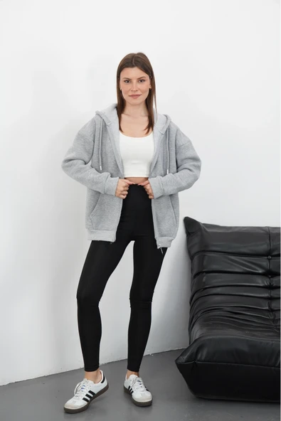 3 iplik şardonlu fermuarlı kapşonlu hırka gri - Resim 5