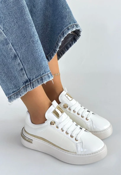 Hley Beyaz Rugan Paraşüt Detaylı Bağcıklı Spor Ayakkabı - Resim 2