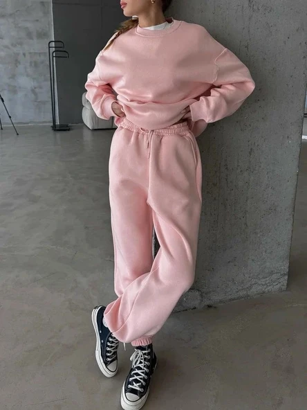 3 iplik şardonlu Lastik paça eşofman pembe p510439 ürün görseli 1