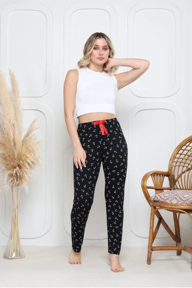 Viskon likralı alt pijama demir siyah baskı desenli q6018 ürün görseli 1