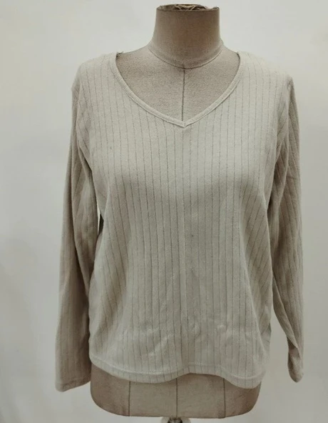 MDB Kadın Uzun Kollu V Yakalı Arkadan Dantel Detaylı şardonlu Kaşkorse Bluz - Resim 7