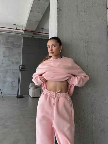 3 iplik şardonlu Lastik paça eşofman pembe p510439 - Resim 2