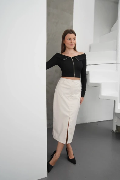 Yırtmaçlı uzun deri etek krem - Resim 2