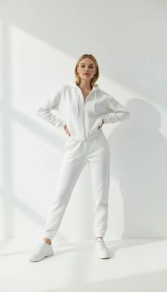 3 iplik şardonlu Kapşonlu fermuarlı kısa üst beyaz pat8590 - Resim 2