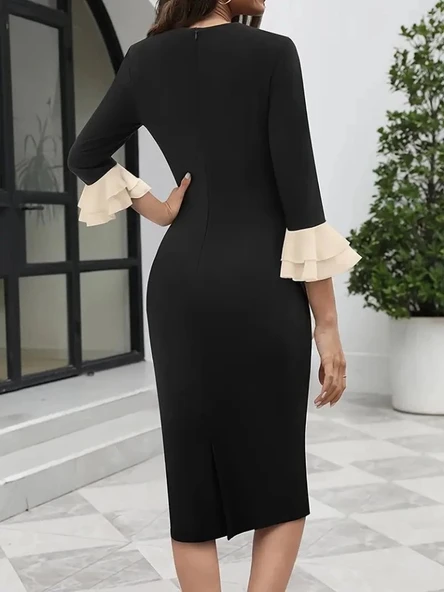 MDB Kadın Truvakar Kollu Fiyonk Yakalı Midi Ithal Krep Elbise - Resim 4